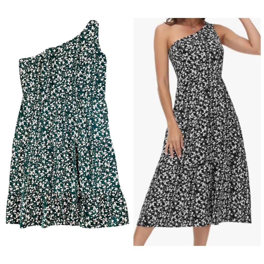 Grace Karin One-Shoulder Floral Midi Dress in Green and White